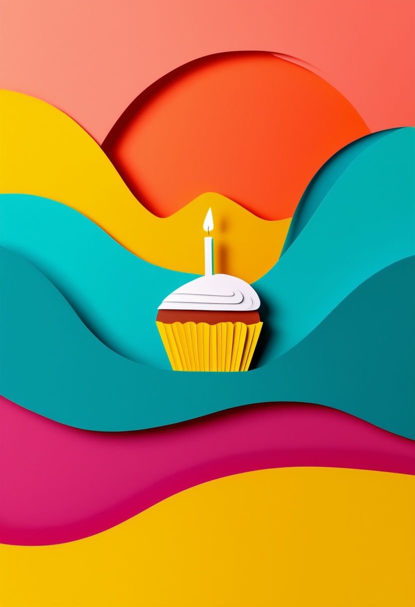 Paper-Cut Cupcake Celebration — Birthday cut-paper-style greeting card