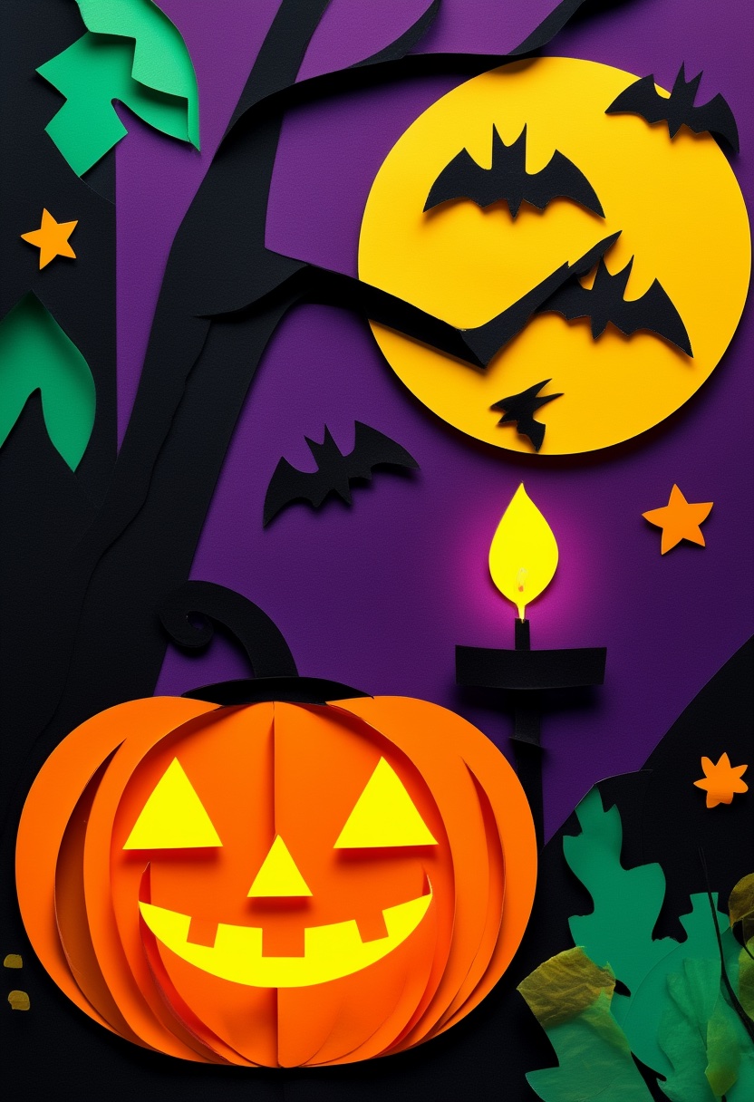 Paper-Cut Pumpkin Moonlight — Halloween cut-paper-style greeting card
