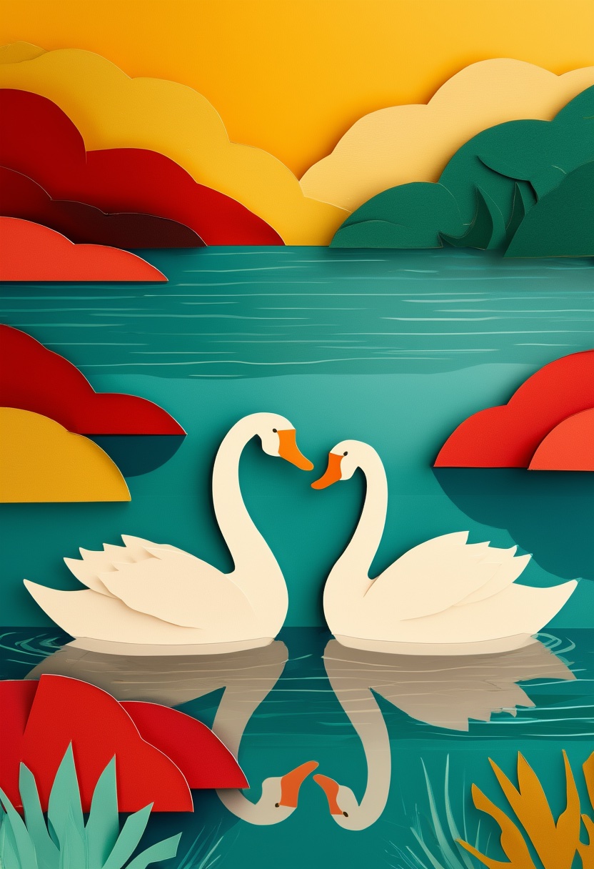 Paper-Cut Swan Embrace — Anniversary cut-paper-style greeting card