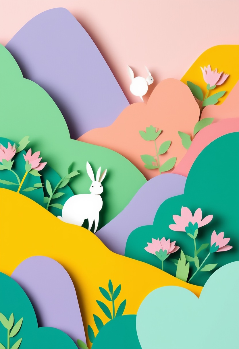 Pastel Bunny Easter Meadow — Easter cut-paper-style greeting card