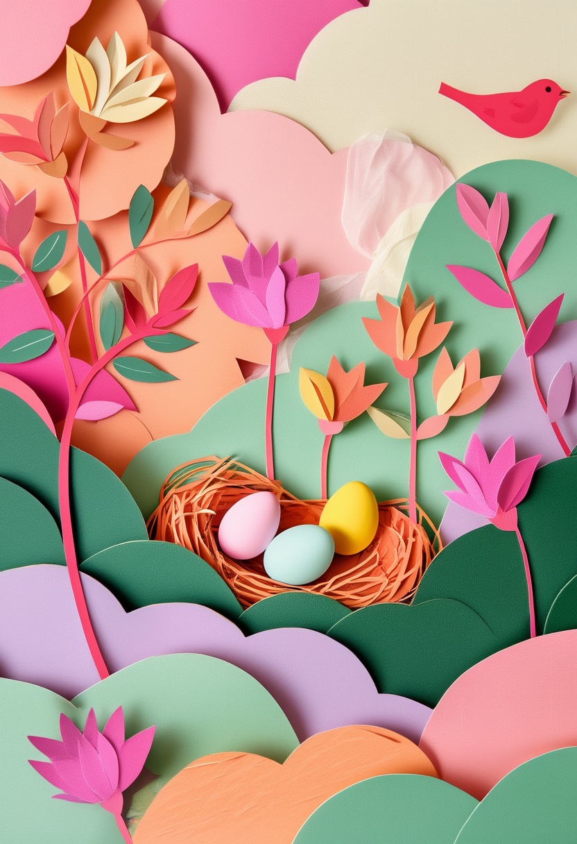 Pastel Egg Nest Bloom — Mother's Day cut-paper-style greeting card