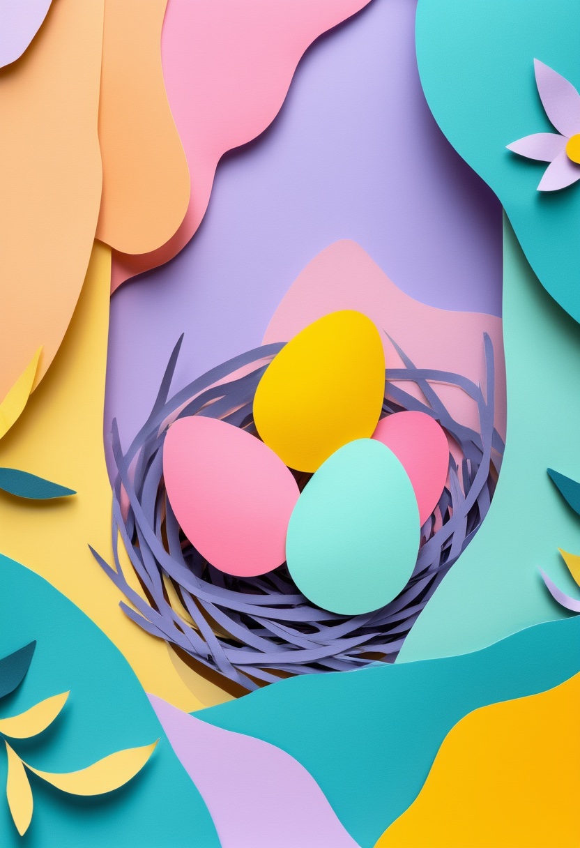 Pastel Egg Nest Harmony — Easter cut-paper-style greeting card