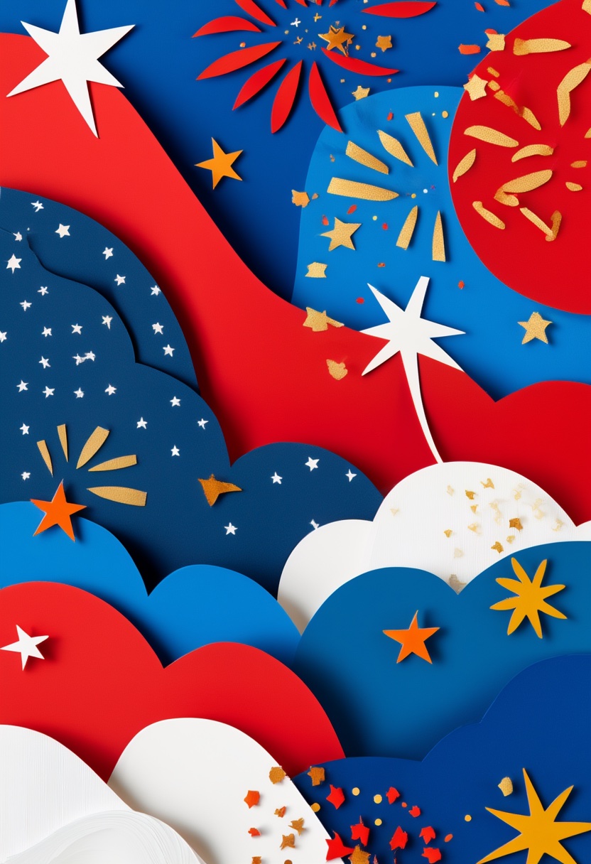 Patriotic Fireworks Celebration — Independence Day cut-paper-style greeting card