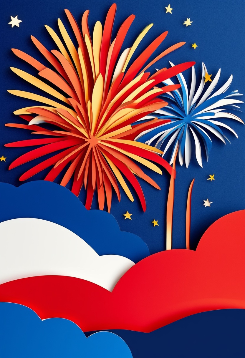 Patriotic Fireworks Display — Independence Day cut-paper-style greeting card