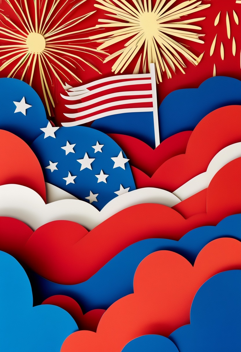 Patriotic Flag & Fireworks — Independence Day cut-paper-style greeting card