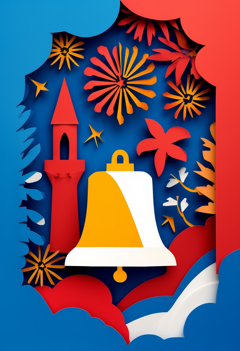 Patriotic Paper-Cut Bell Tower — Independence Day cut-paper-style greeting card