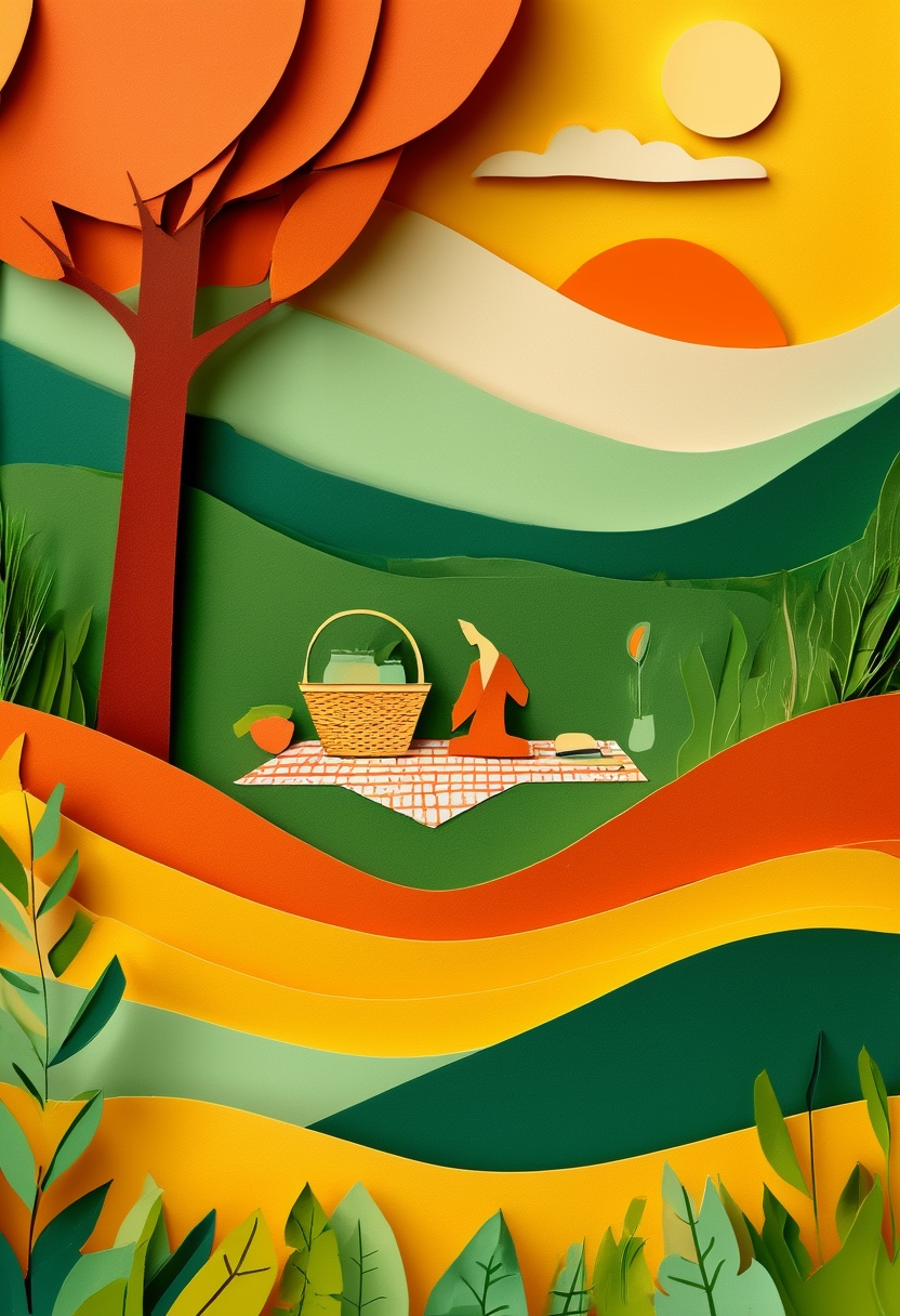 Picnic Under Autumn Tree — Reunion cut-paper-style greeting card