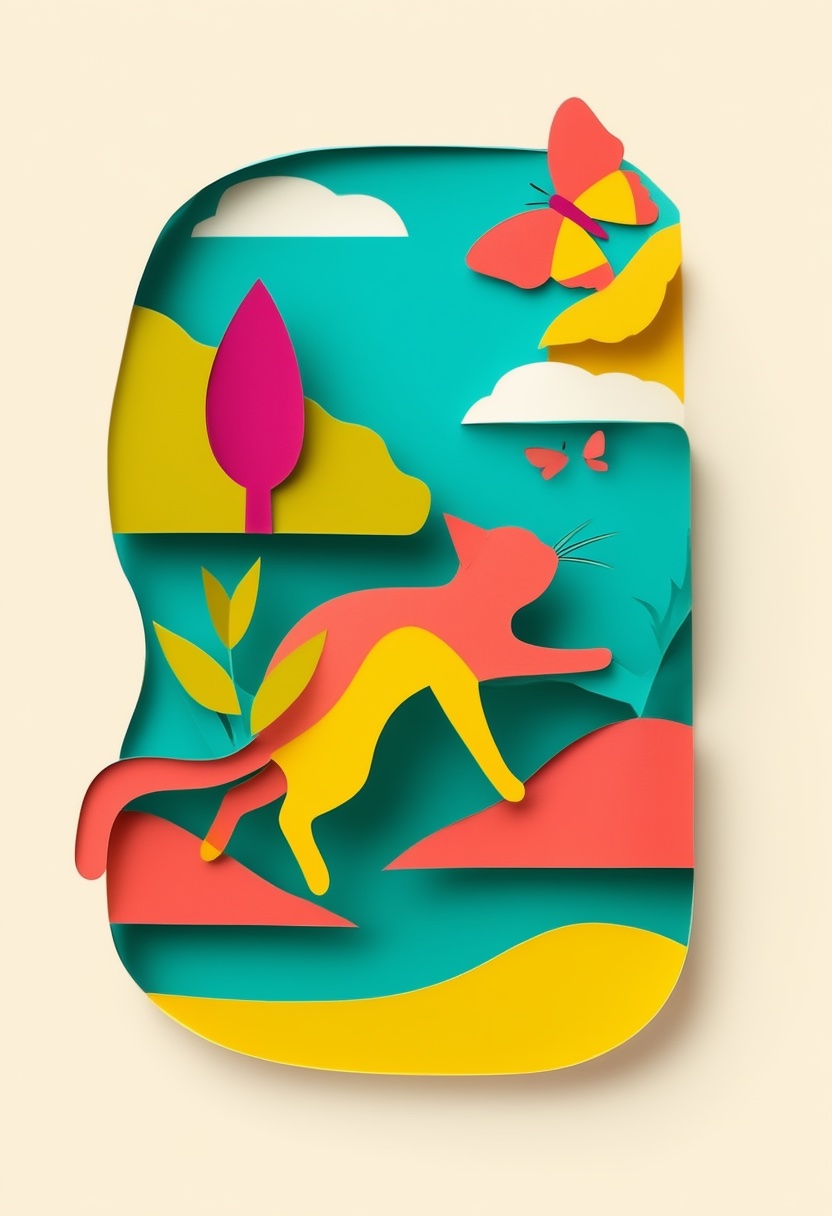 Playful Cat Chasing Sunlit Butterfly — Fun cut-paper-style greeting card