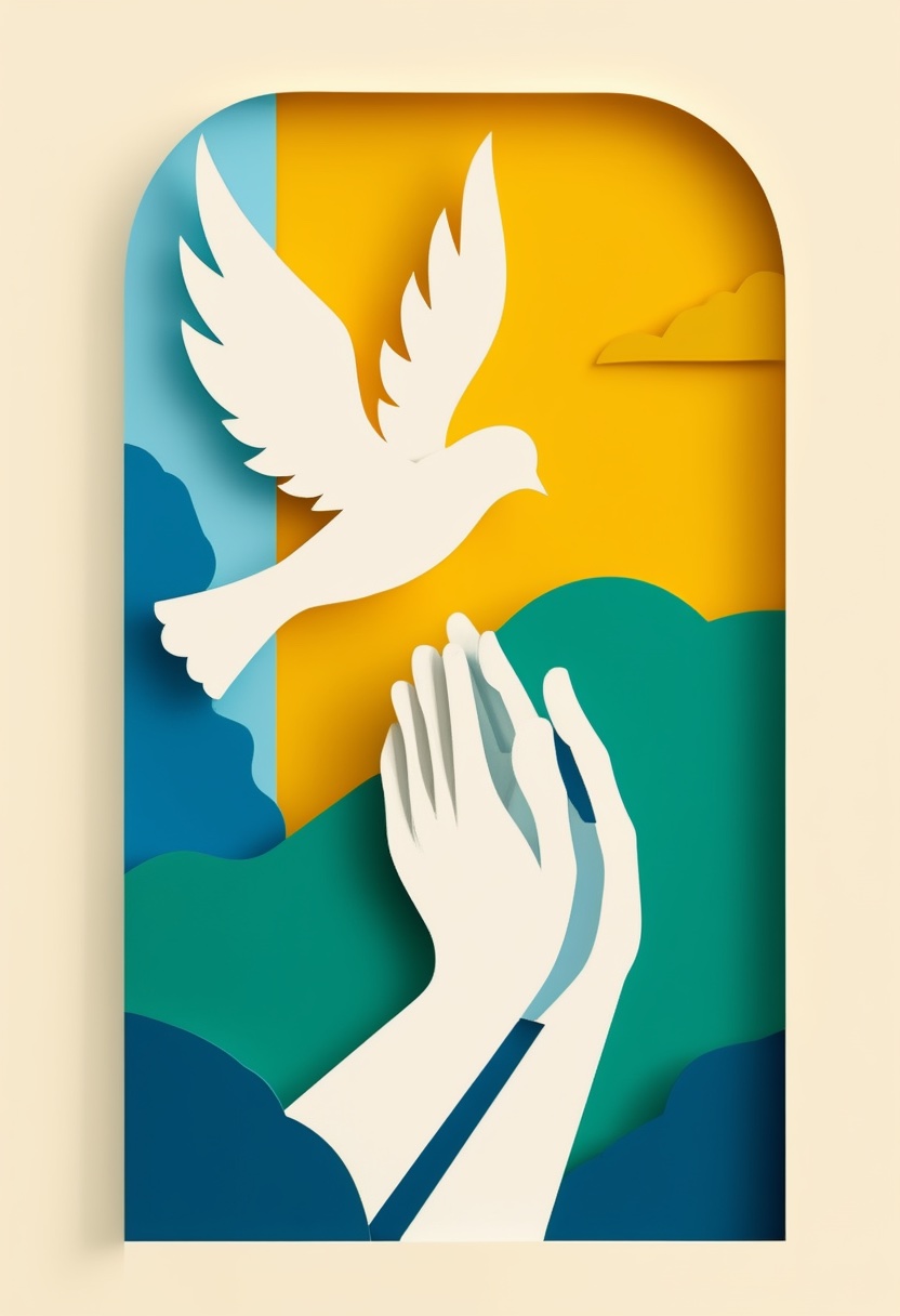 Praying Hands & Soaring Dove — Blessings cut-paper-style greeting card