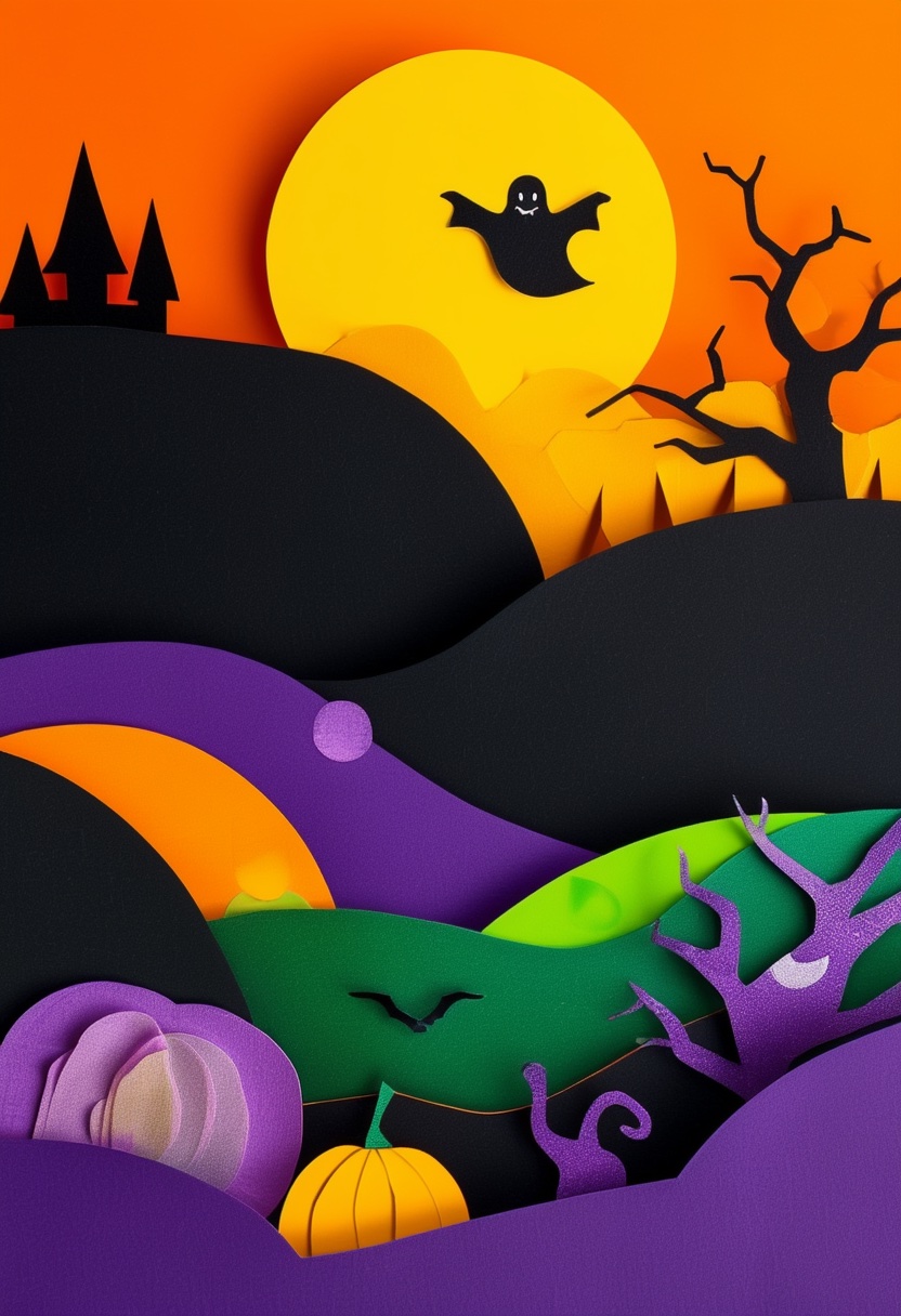 Purple Hills Pumpkin Moon — Halloween cut-paper-style greeting card