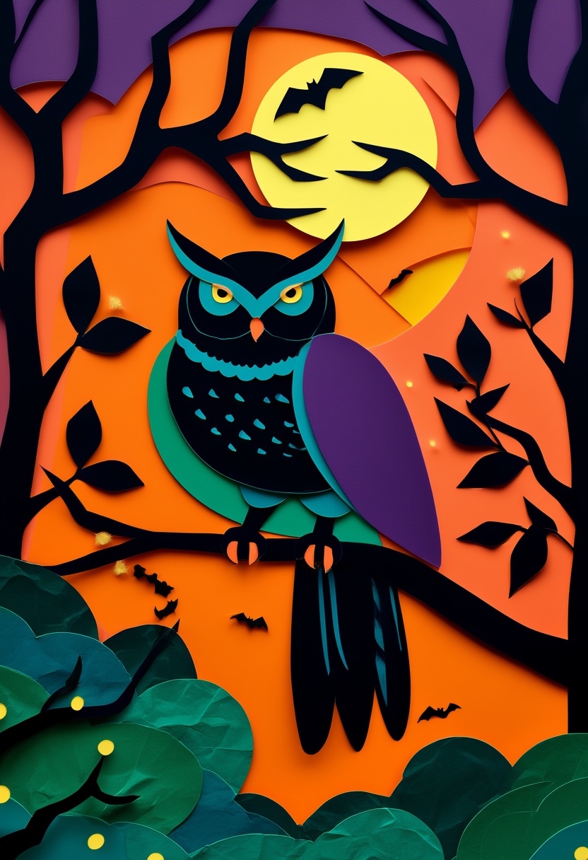 Purple Owl Moonlight Perch — Halloween cut-paper-style greeting card