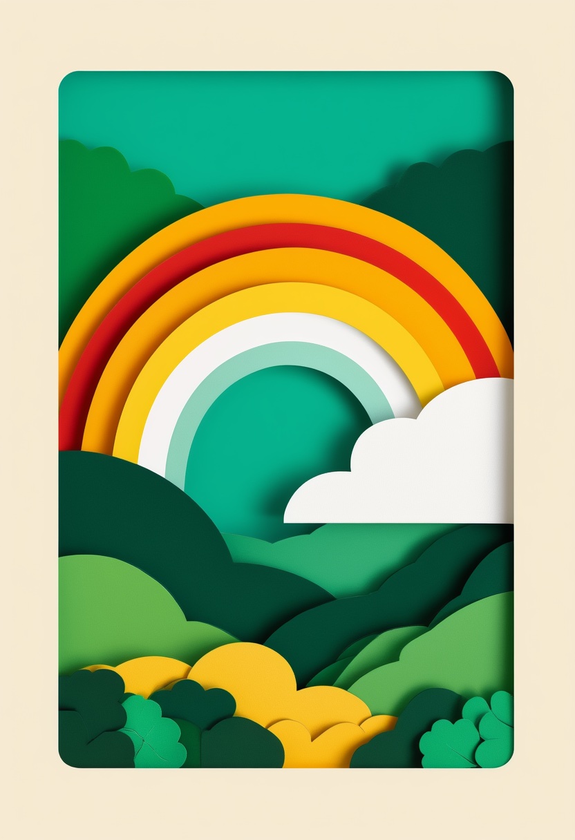 Rainbow Cloud Forest Harmony — St. Patrick's Day cut-paper-style greeting card