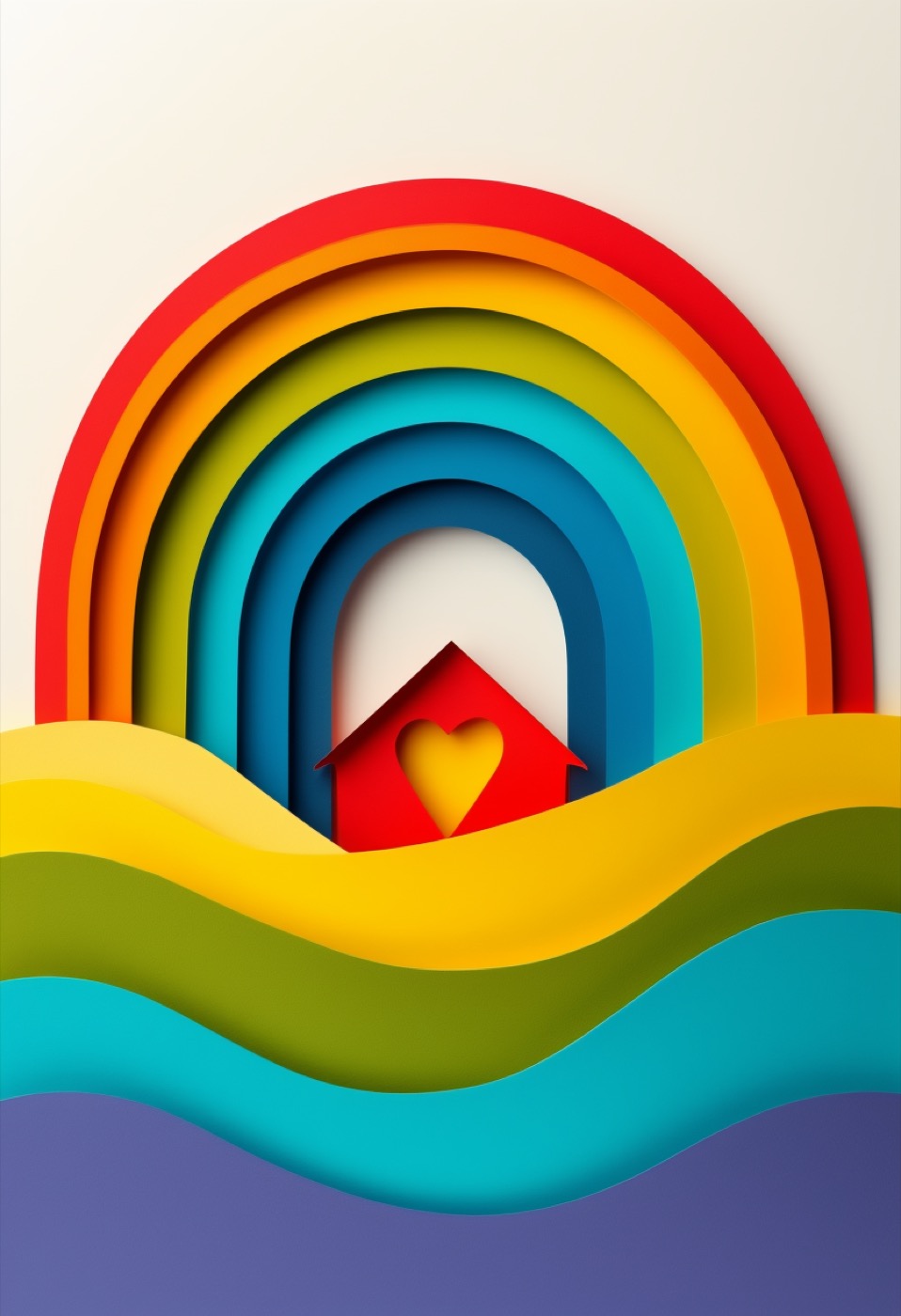 Rainbow House Paper Collage — Pride cut-paper-style greeting card