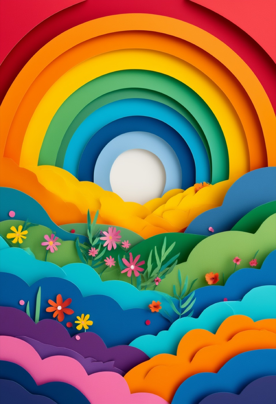 Rainbow Meadow Paper Collage — Pride cut-paper-style greeting card