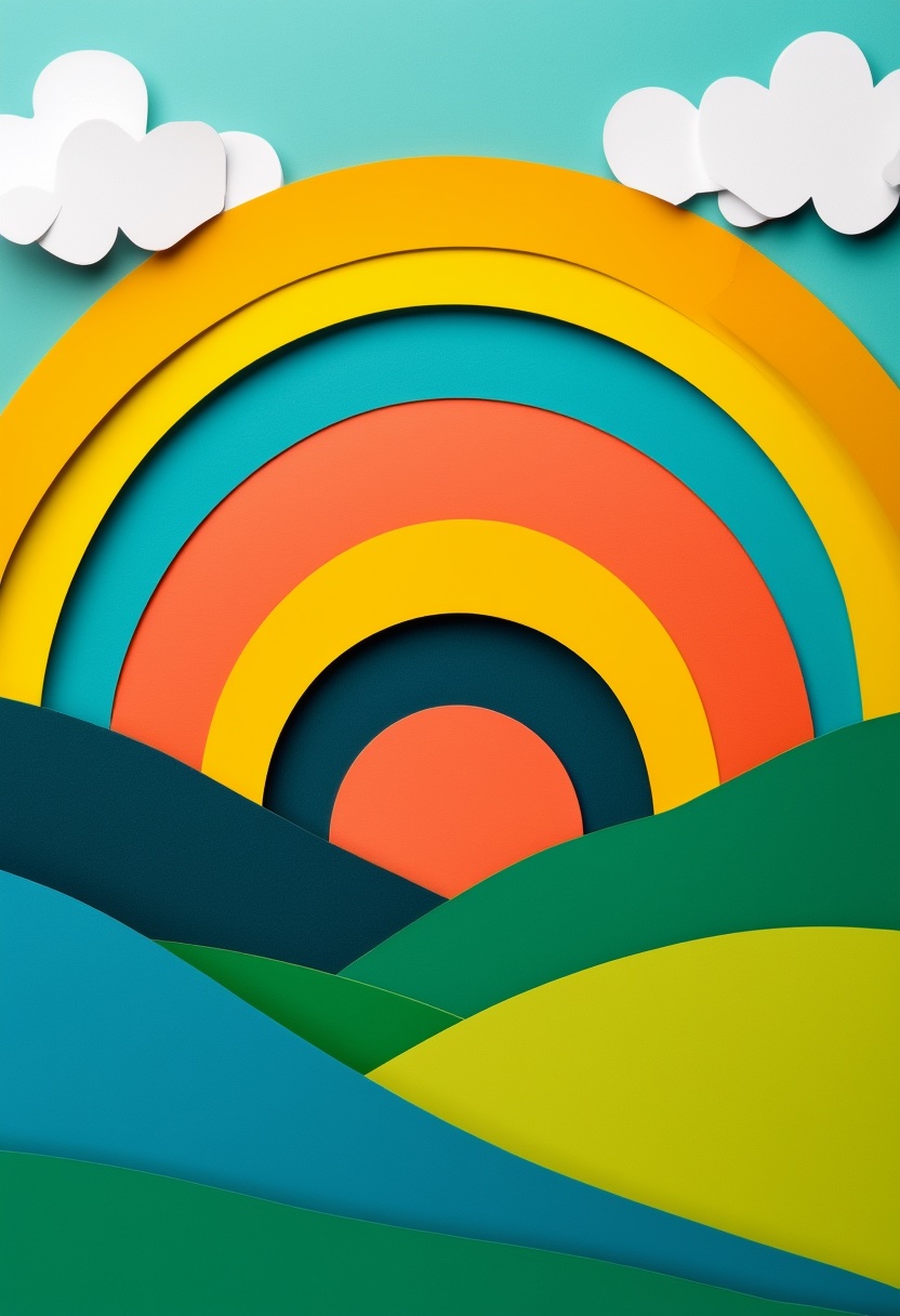 Rainbow Over Green Hills — Encouragement cut-paper-style greeting card
