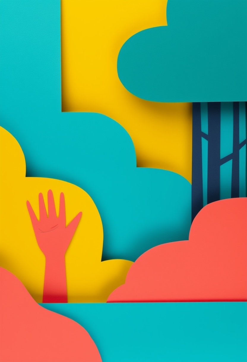 Raised Hand in Sunlit Layers — Hello cut-paper-style greeting card