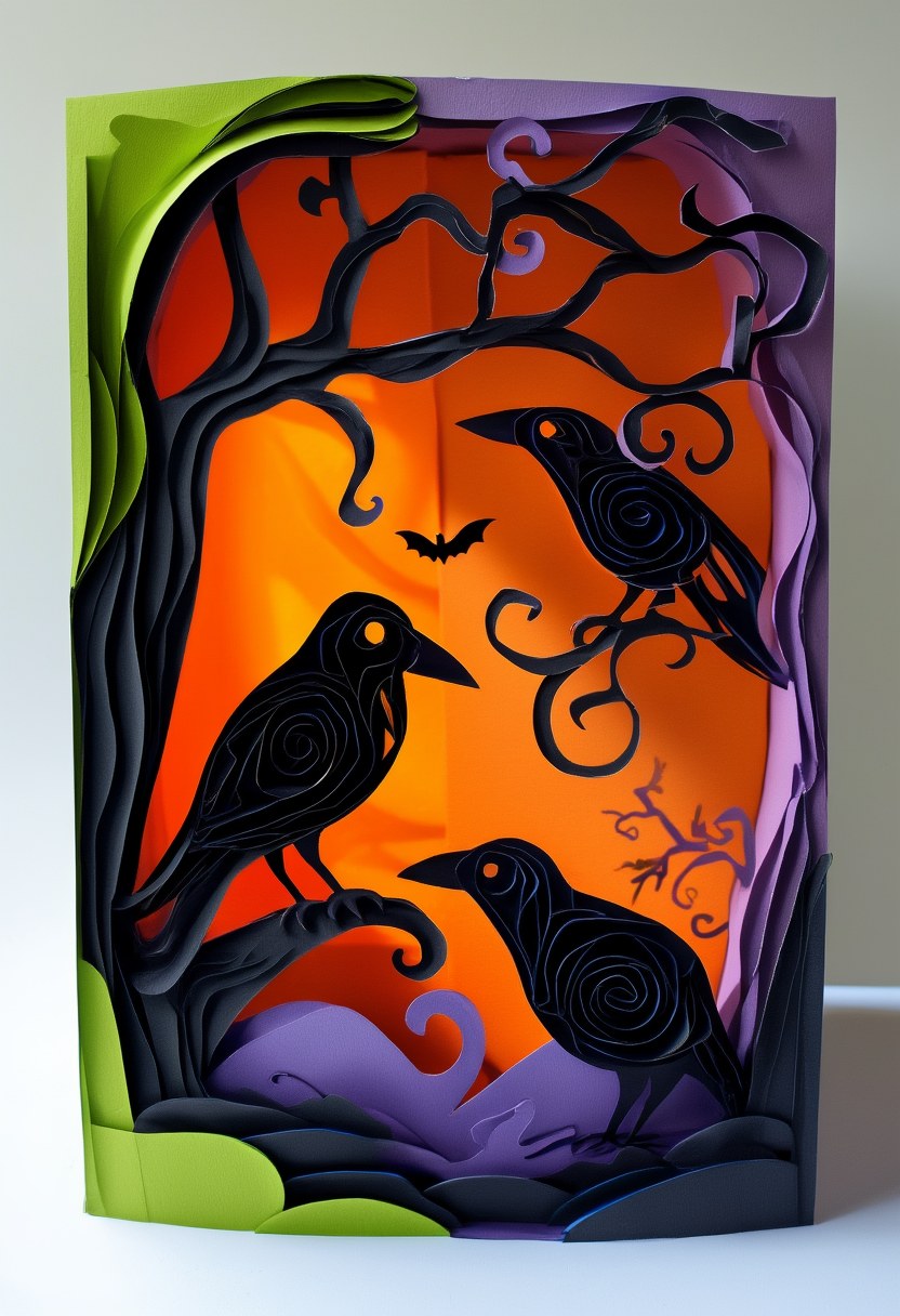 Raven’s Twilight Gathering — Halloween cut-paper-style greeting card