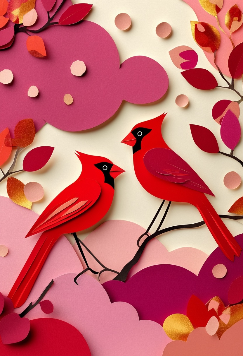 Cardenales rojos en rama floreciente — Valentine's Day