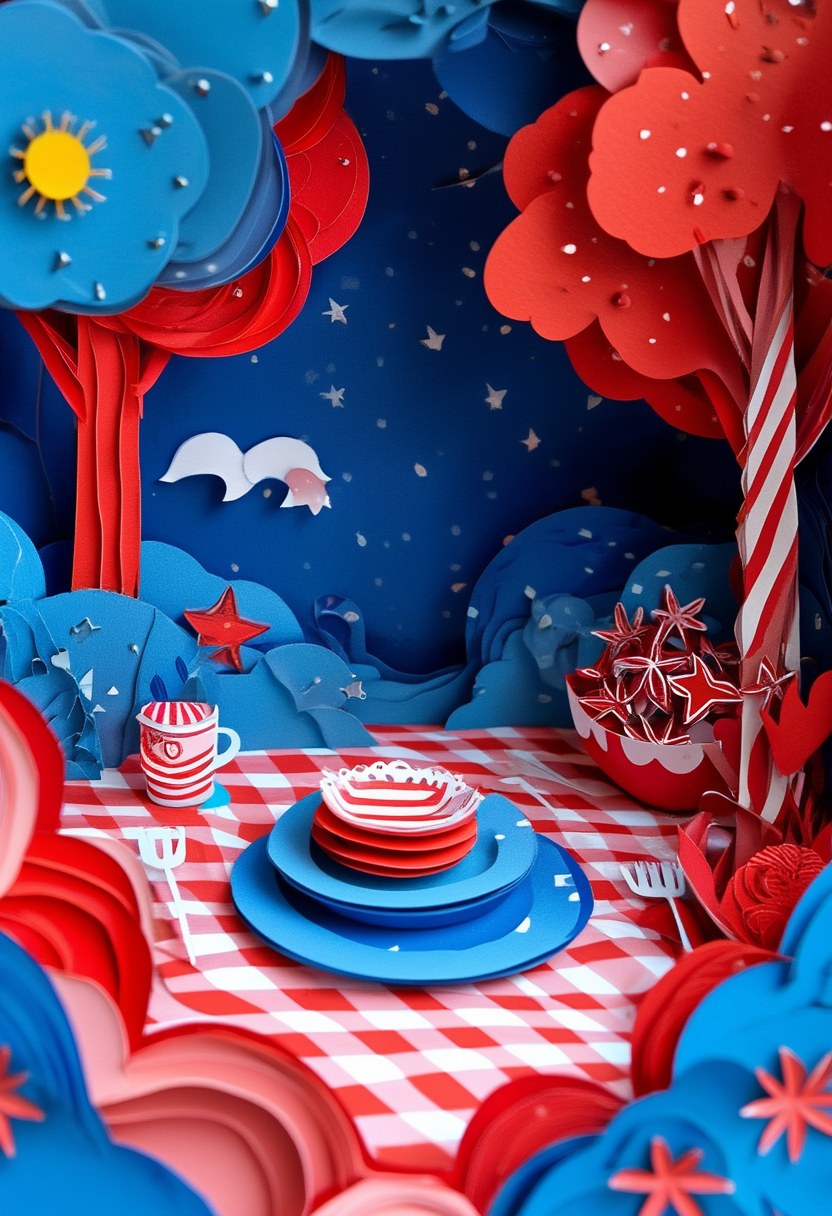 Red White and Blue Picnic Dream — Independence Day cut-paper-style greeting card