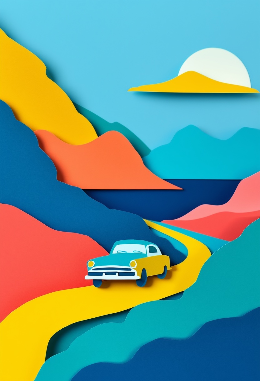Retro Road Trip Adventure — Bon Voyage cut-paper-style greeting card