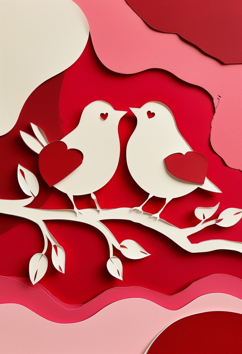 Romantic Paper Bird Duo — Valentine's Day cut-paper-style greeting card