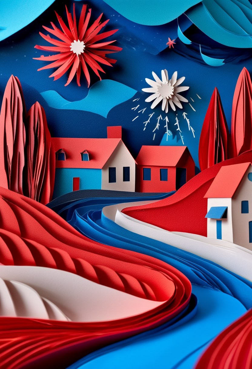 Rustic Village Reverie — Independence Day cut-paper-style greeting card