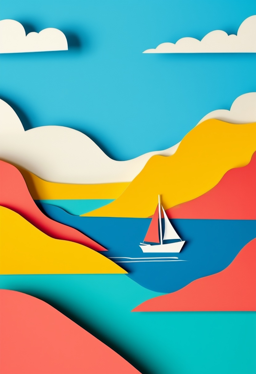 Sailboat on Turquoise Waters — Bon Voyage cut-paper-style greeting card