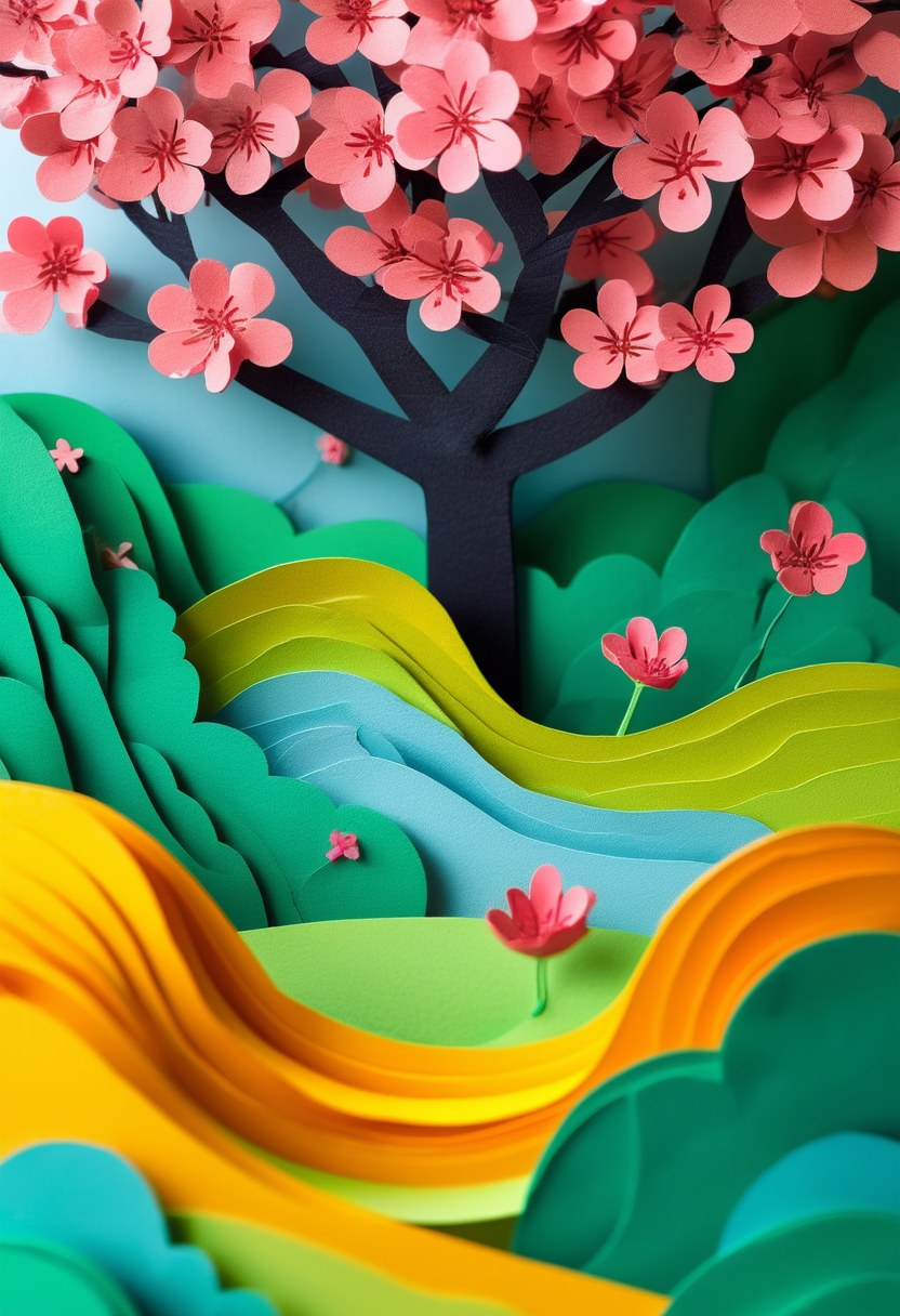 Sakura Blossom Vista — Spring cut-paper-style greeting card