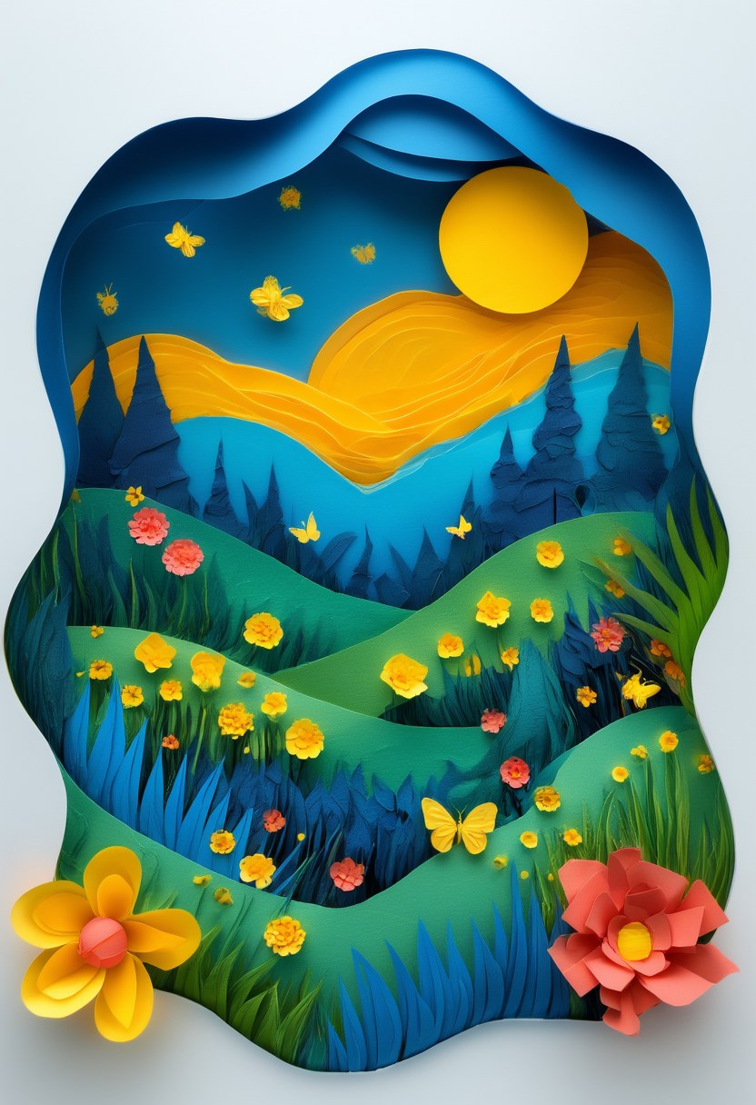 Serene Meadow Sunset — Spring cut-paper-style greeting card