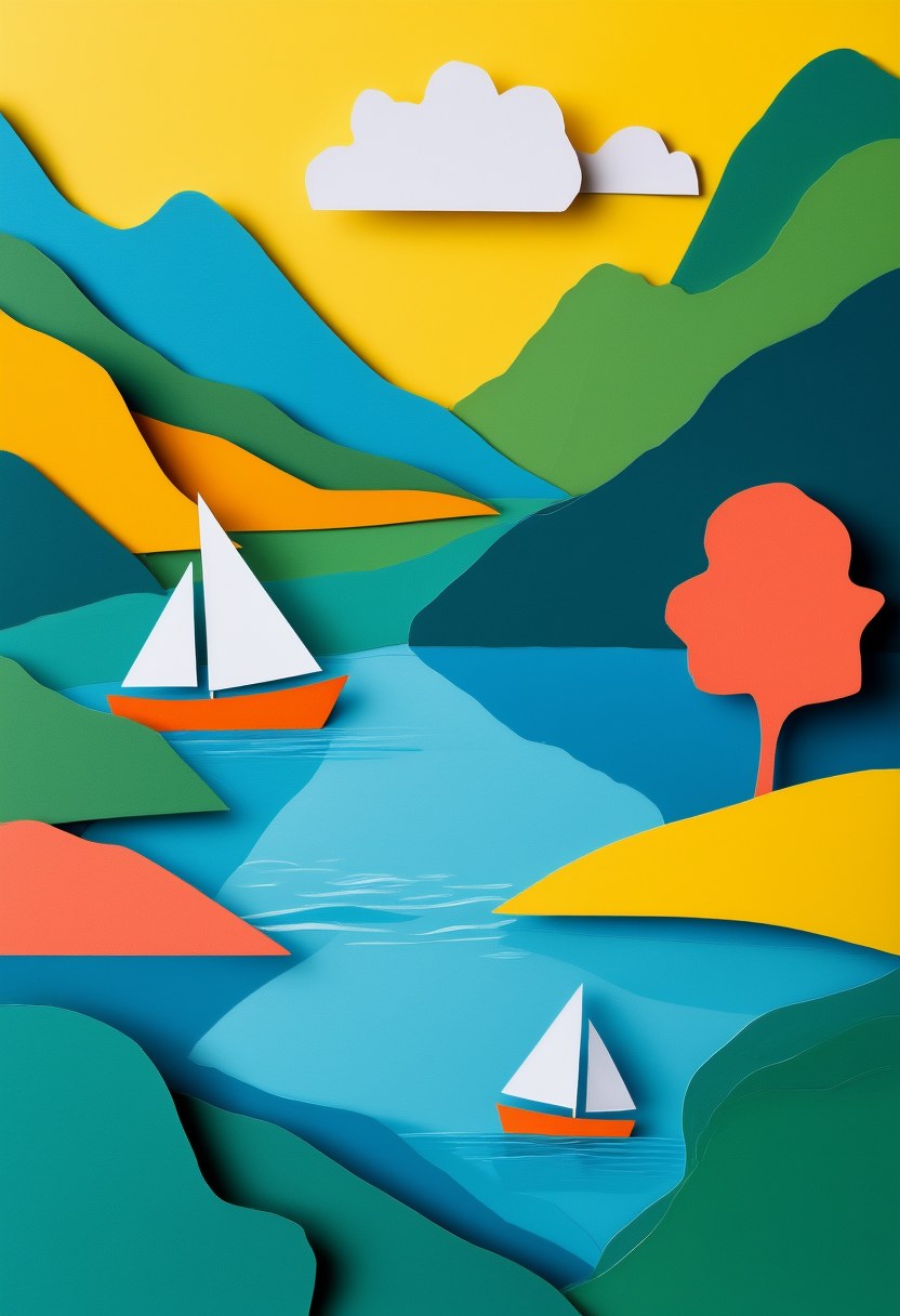 Serene Mountain Lake Voyage — Just Because cut-paper-style greeting card