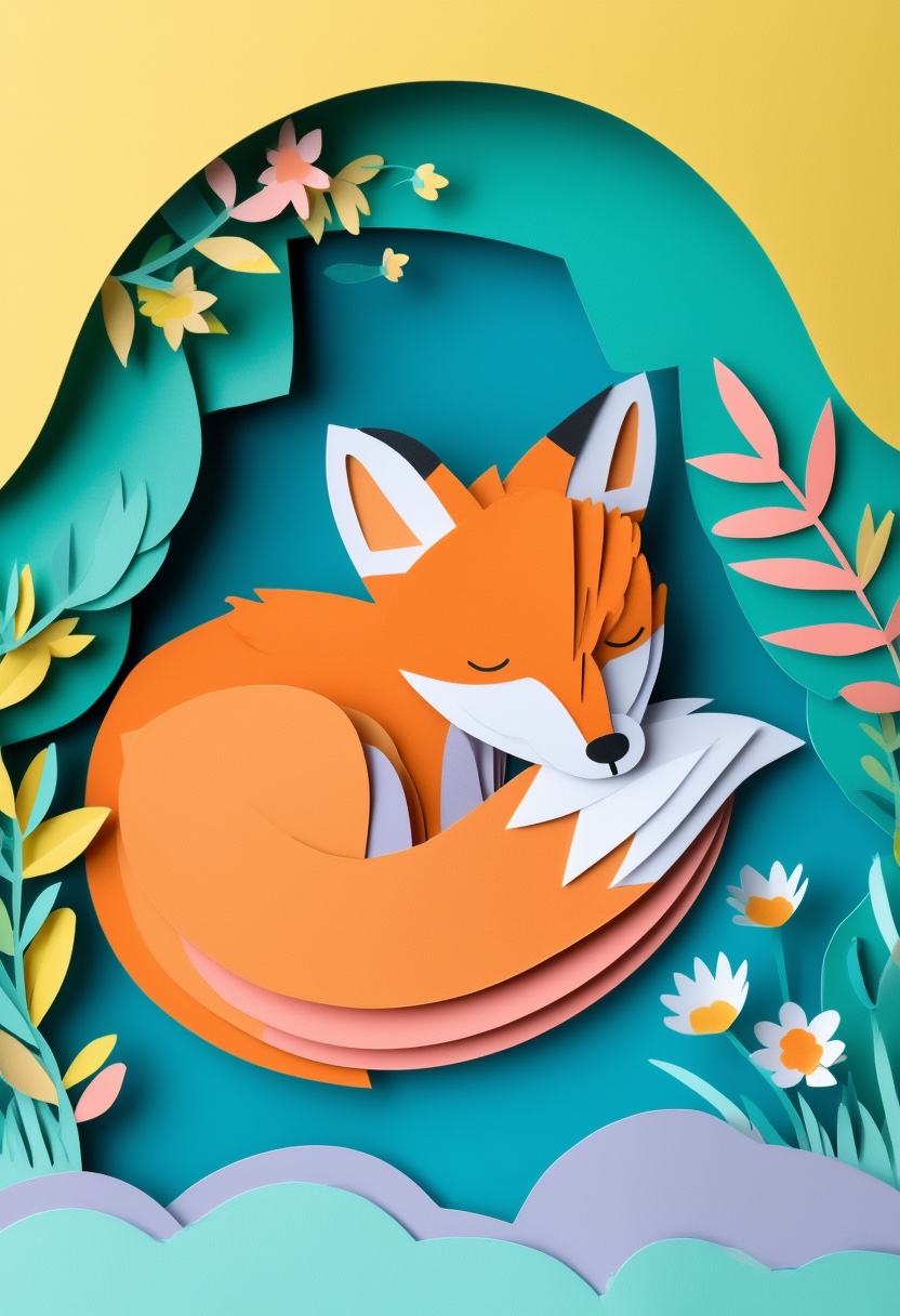 Sleeping Fox Among Flowers — New Baby cut-paper-style greeting card