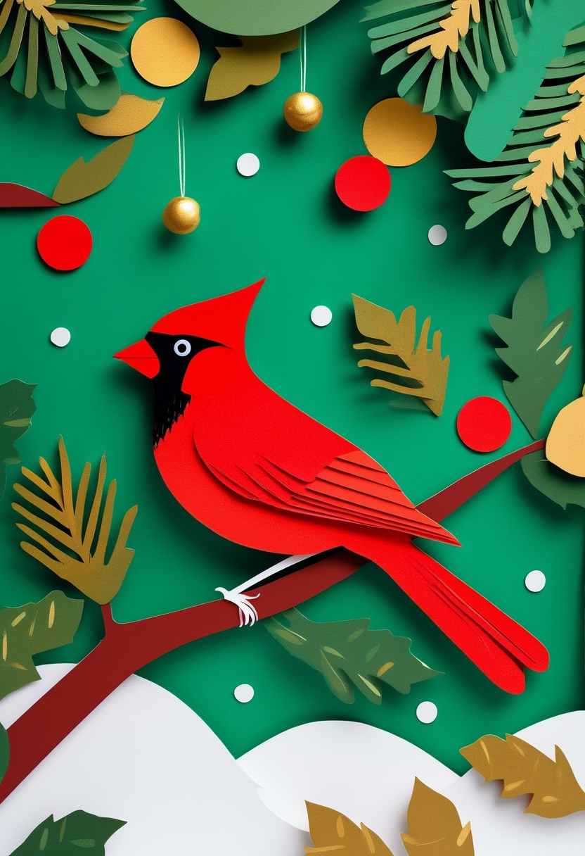 Snowy Cardinal Branch — Christmas cut-paper-style greeting card