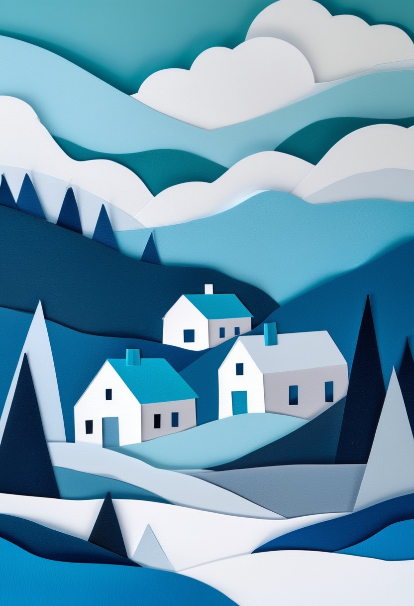 Snowy Hillside Hamlet — Winter cut-paper-style greeting card