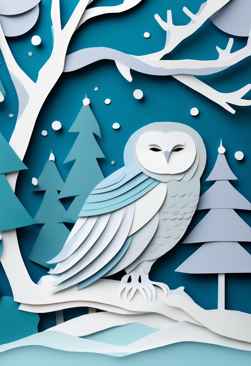 Snowy Owl Winter Perch — Winter cut-paper-style greeting card