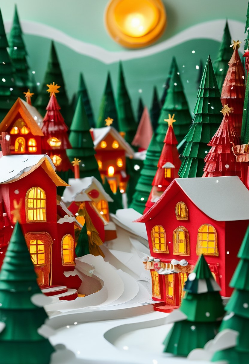 Snowy Winter Village Scene — Christmas cut-paper-style greeting card