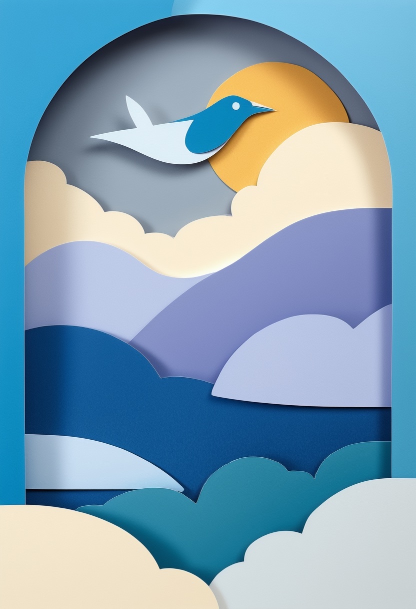 Soaring Bird Over Sunlit Mountains — Missing You cut-paper-style greeting card
