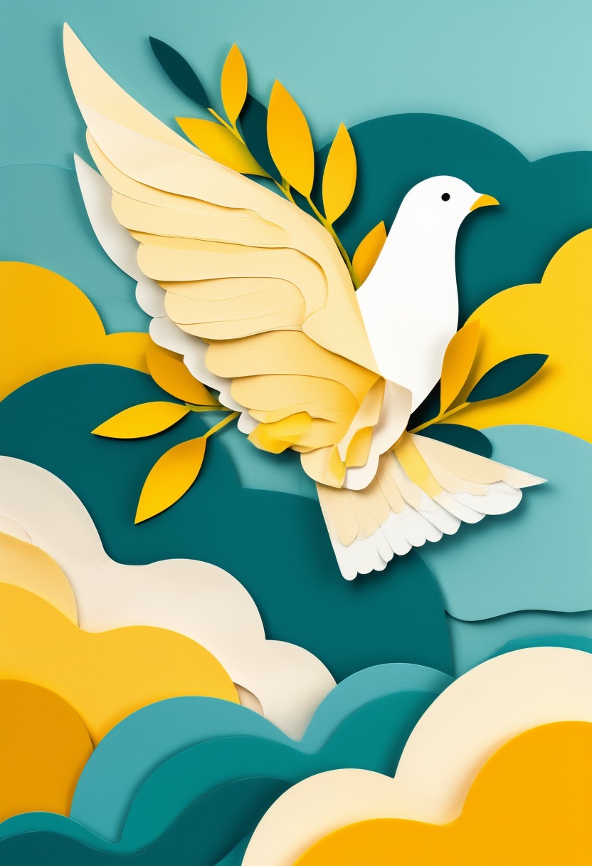 Soaring Dove Amongst Vibrant Clouds — Blessings cut-paper-style greeting card