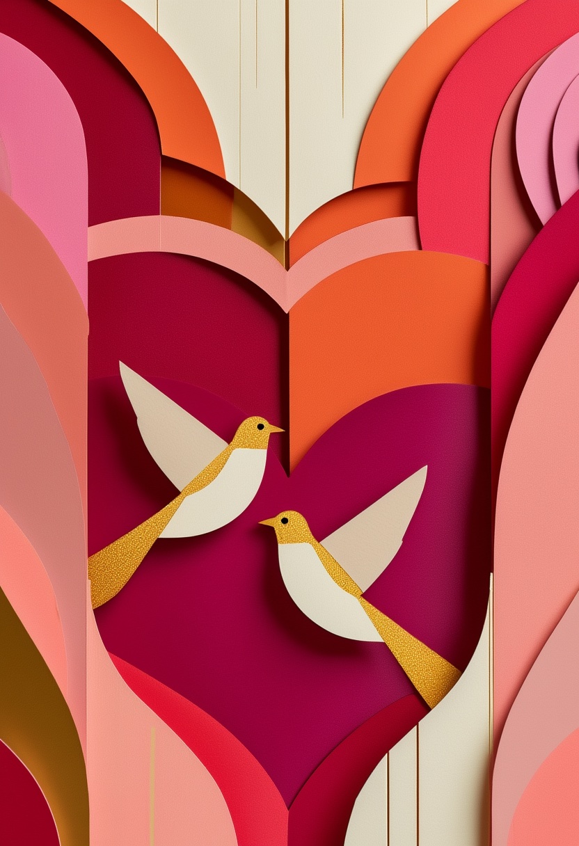 Soaring Swallows Heart Embrace — Valentine's Day cut-paper-style greeting card