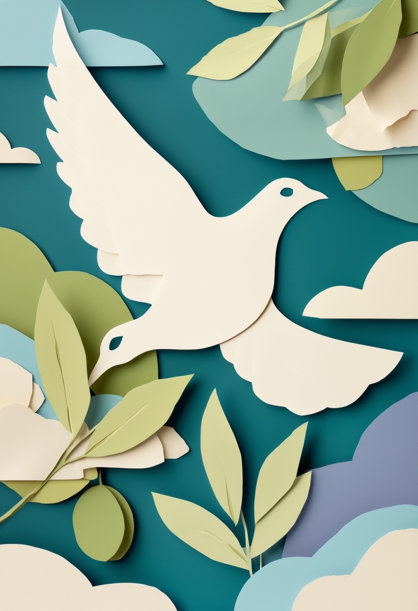 Soaring White Dove Amongst Layers — Sympathy cut-paper-style greeting card