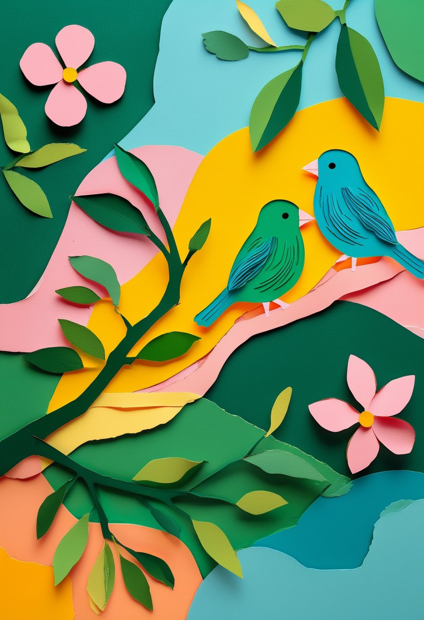 Songbirds on Blossoming Bough — Spring cut-paper-style greeting card