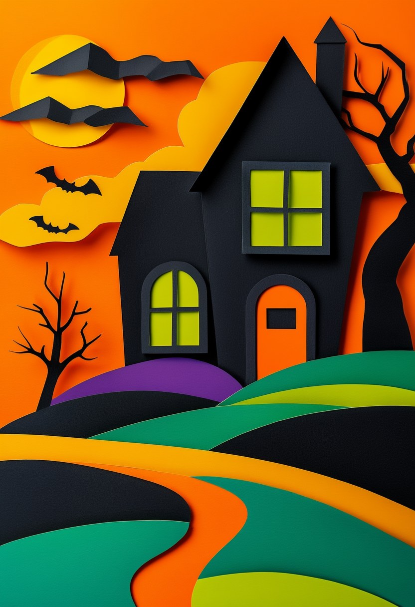 Spooky Hollow Silhouette — Halloween cut-paper-style greeting card