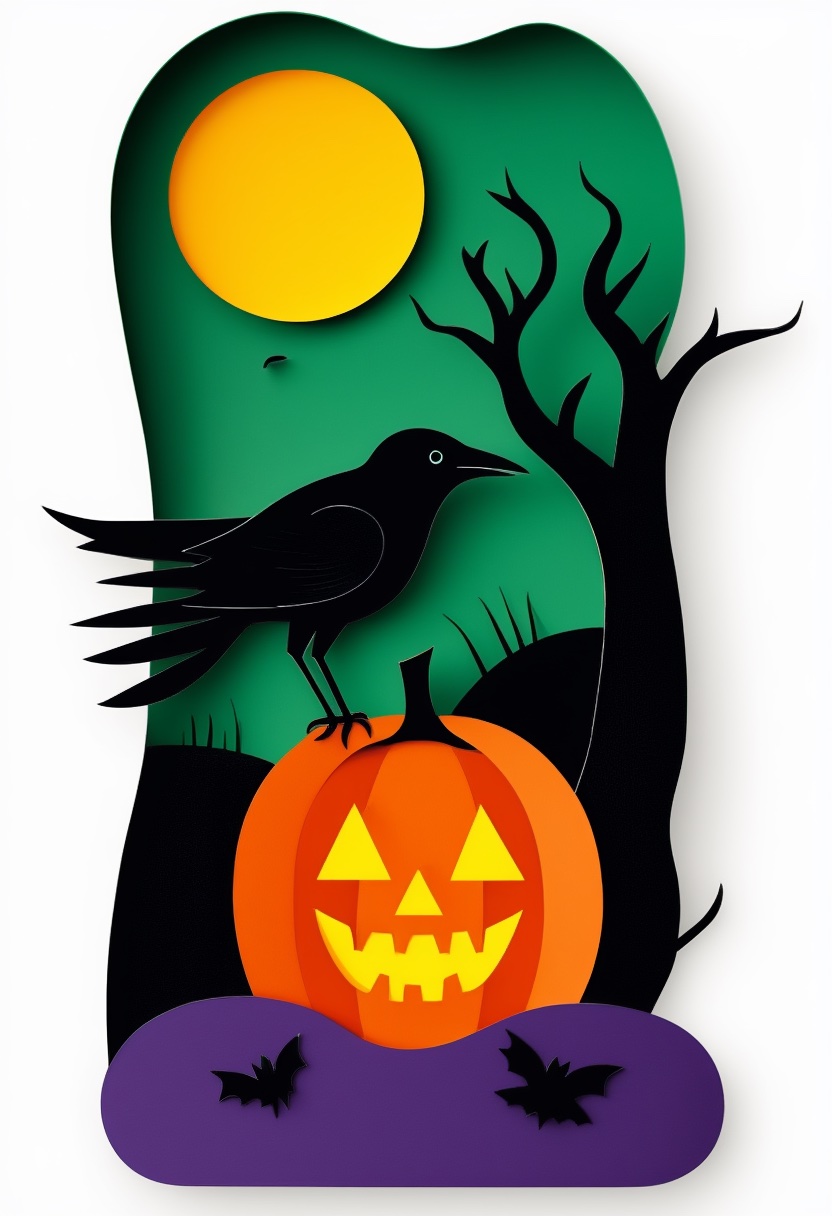 Spooky Pumpkin Crow Night — Halloween cut-paper-style greeting card