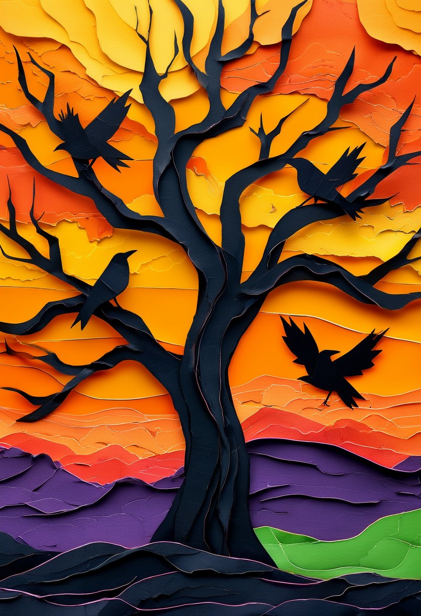 Spooky Sunset Crows — Halloween cut-paper-style greeting card