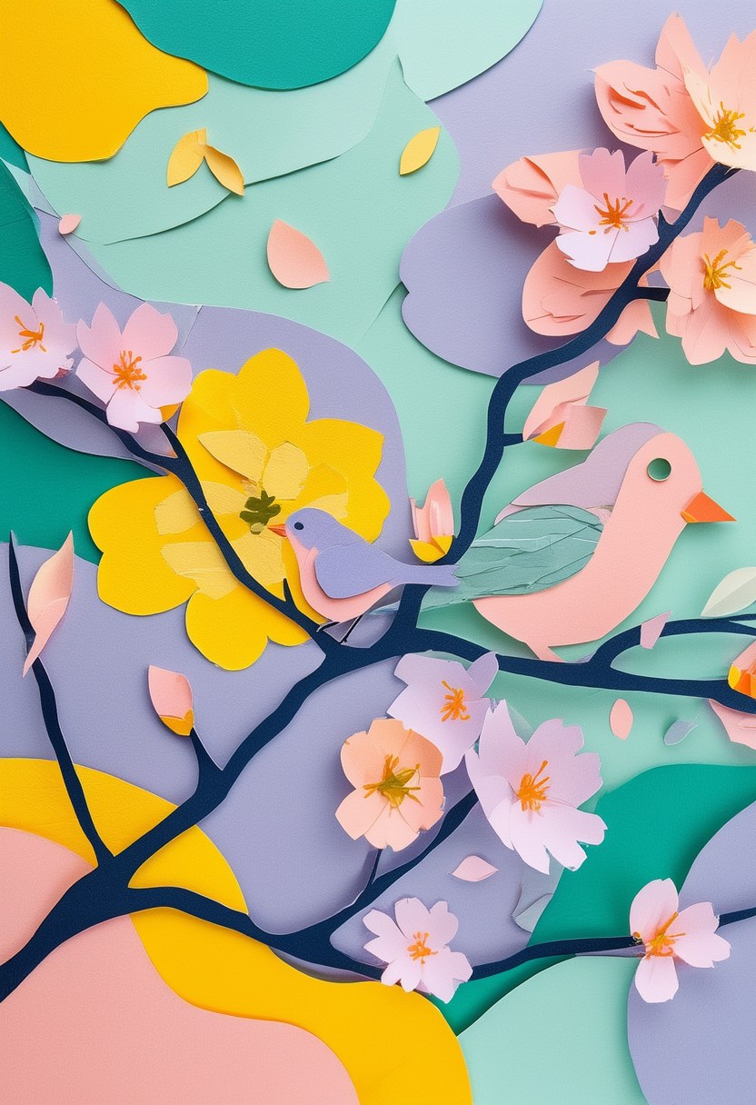 Spring Songbird Blossom — Easter cut-paper-style greeting card
