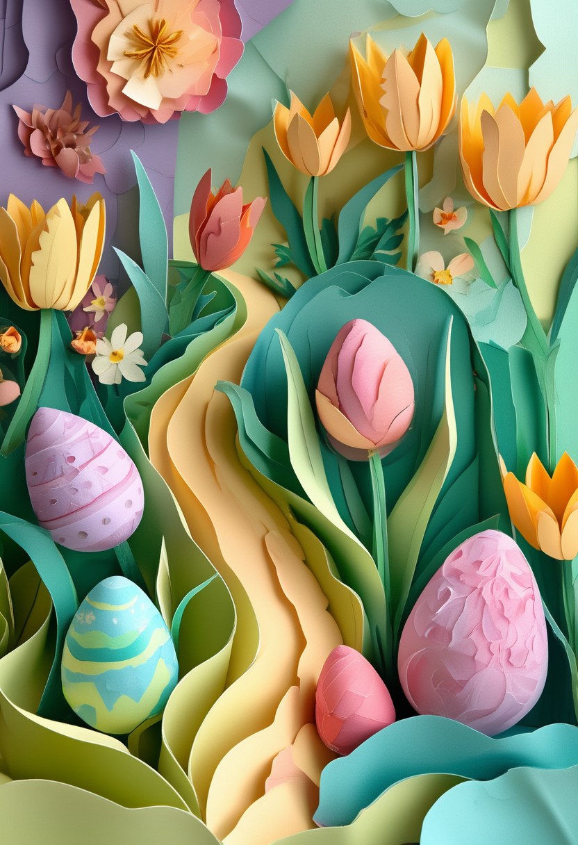 Spring Tulip Bloom Celebration — Easter cut-paper-style greeting card