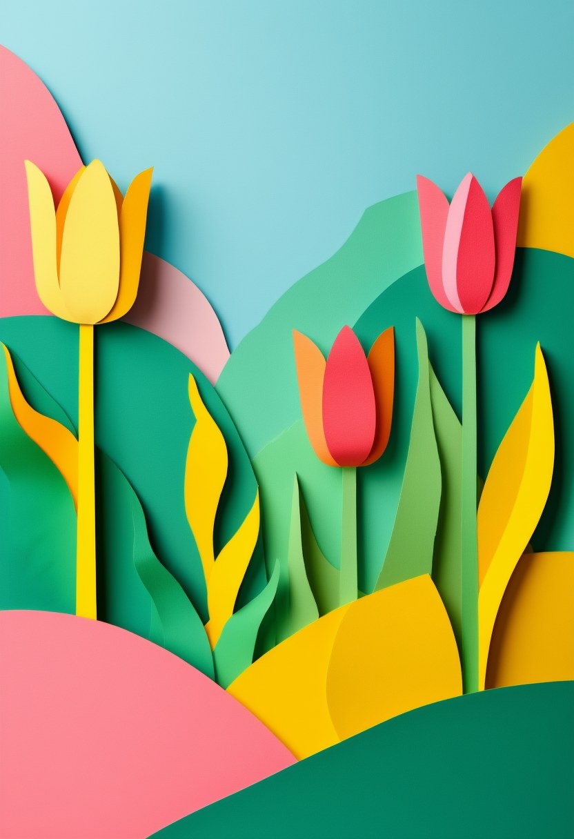 Spring Tulip Meadow — Spring cut-paper-style greeting card