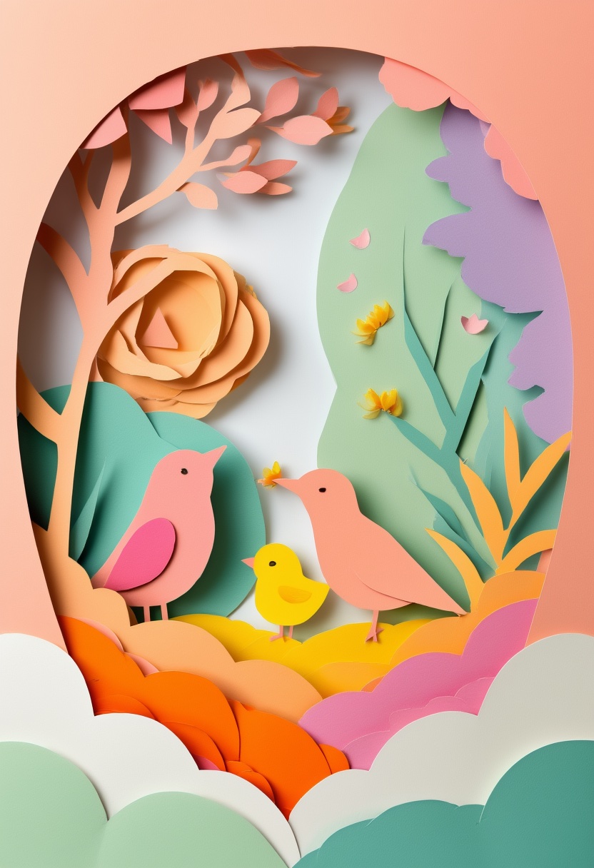 Springtime Avian Family Embrace — Mother's Day cut-paper-style greeting card