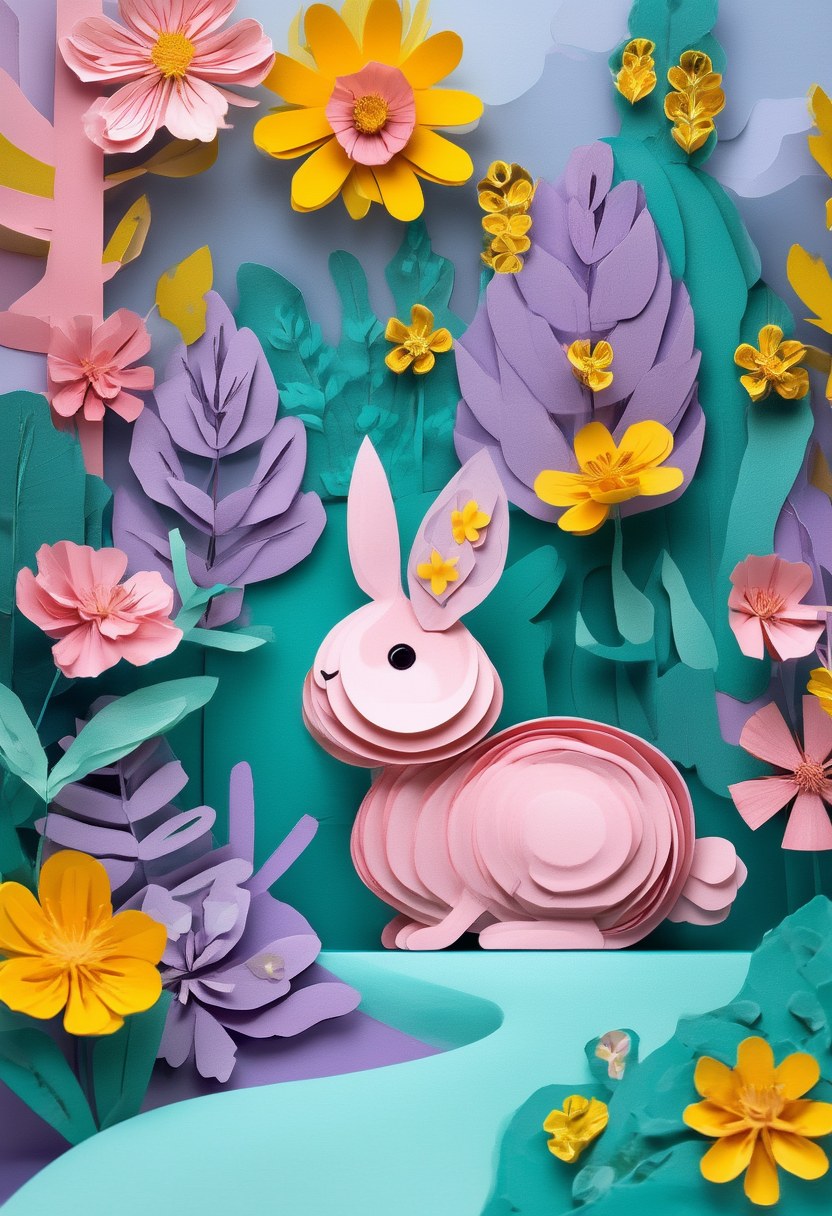 Springtime Bunny Meadow — Easter cut-paper-style greeting card