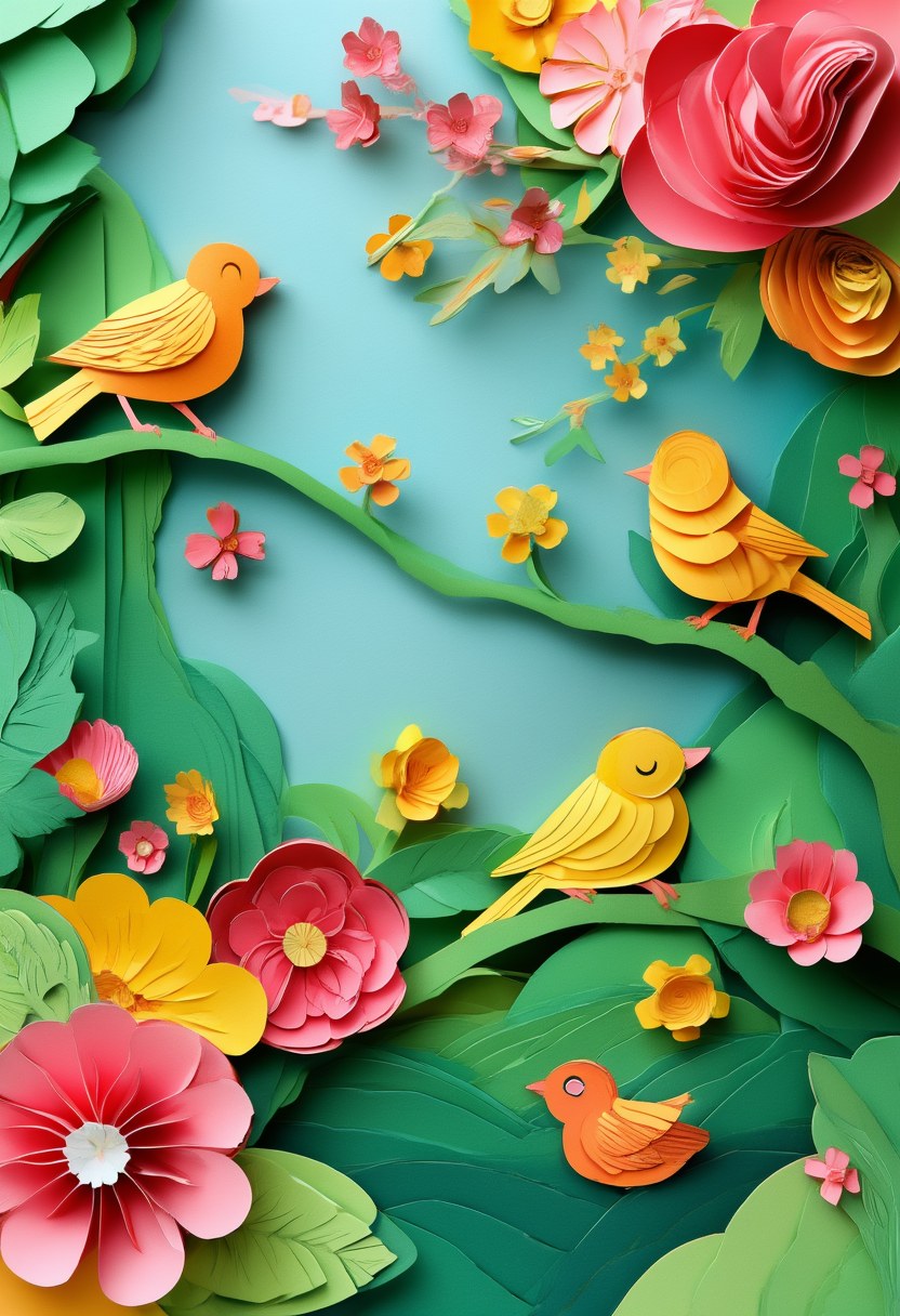 Springtime Garden Serenade — Spring cut-paper-style greeting card