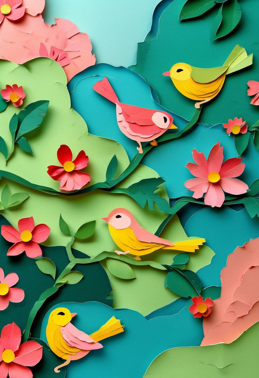 Springtime Meadow Songbirds — Spring cut-paper-style greeting card